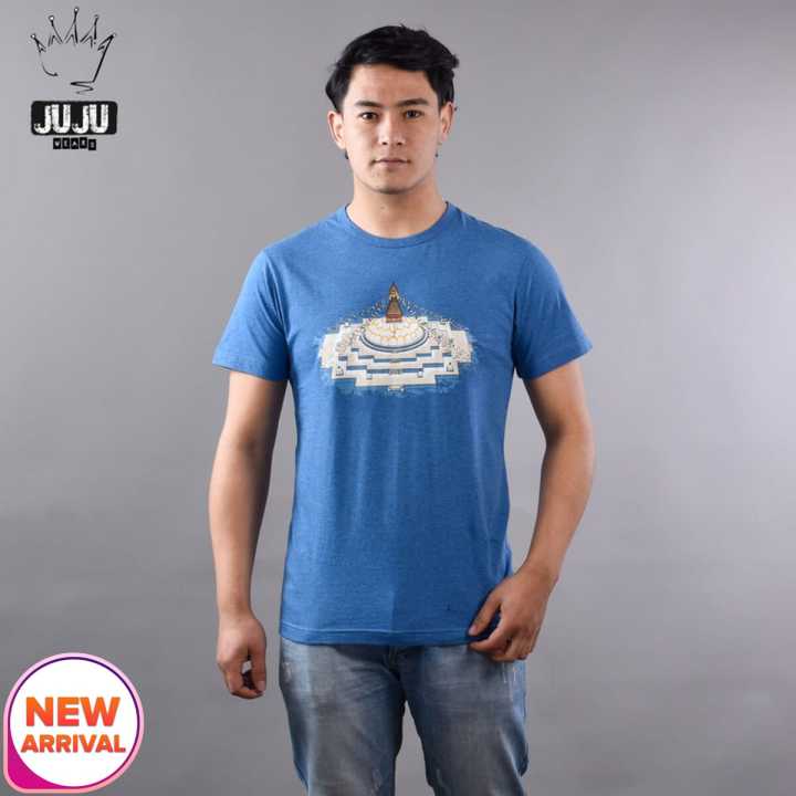 JUJU Wears Blue Melange Colour Boudha Printed Cotton Tshirt For Unisex