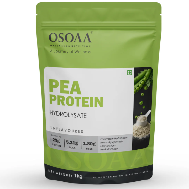 OSOAA Pea Protein Hydrolysate Unflavoured | 29g Protein, 5.31g BCAA, 1.80g Fiber per Serve | No Chalky Aftertaste, Easy to Digest, No Added Sugar | 1kg (27 Servings)