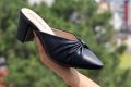 2024 New Genuine Leather Mules Slippers Pointed Toe Thick Med Heels Slippers Pleated Ladies Summer Shoes. 