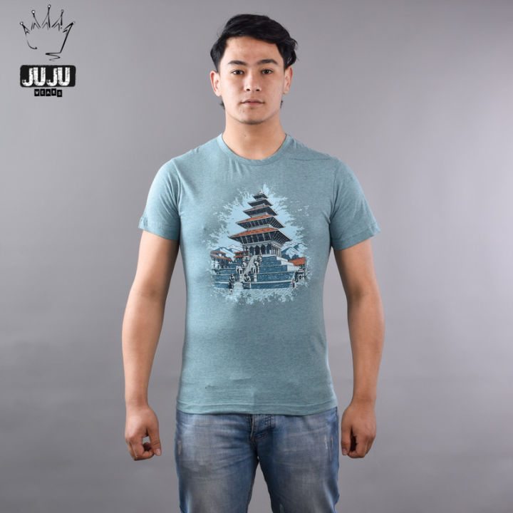 JUJU%20Wears%20Aqua%20Melange%20Colour%20Nyatapola%20Printed%20Cotton%20Tshirt%20For%20Unisex%20-%20Image%203