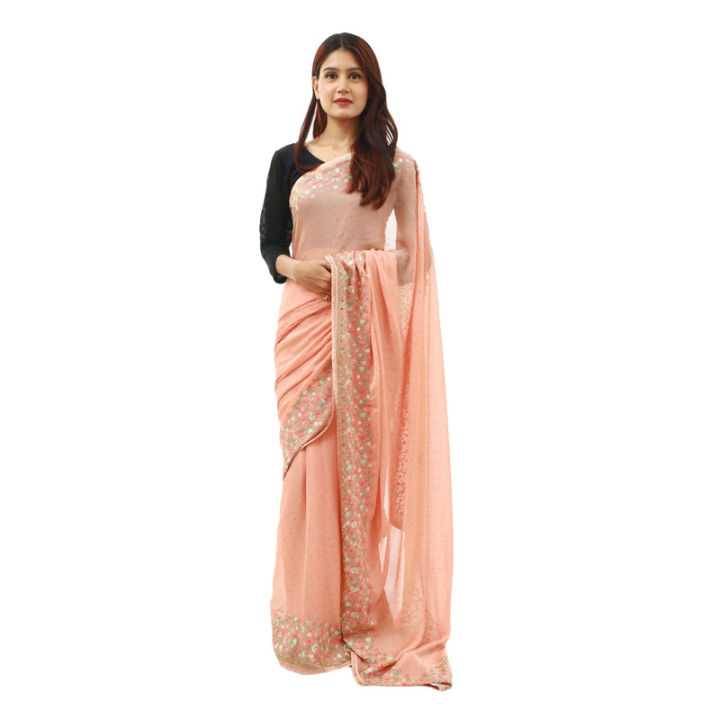 Peach Chiffon Floral Embroidered Saree For Women