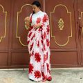 White Red Flower Print Saree for Women Linen Cotton Blend Resham Thread Work Banarasi Style Indian Saree. 