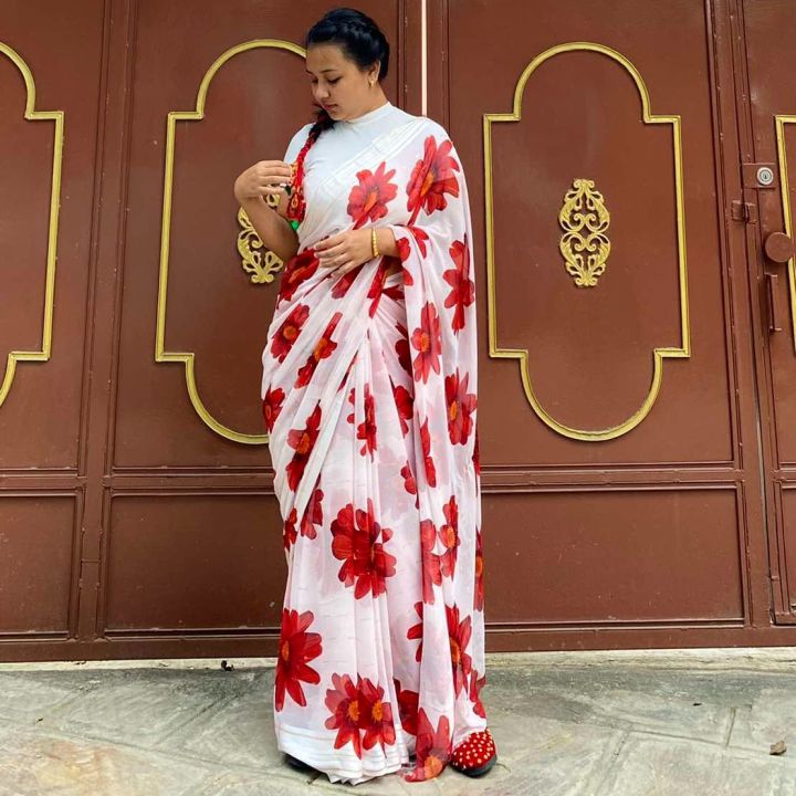 White Red Flower Print Saree for Women Linen Cotton Blend Resham Thread Work Banarasi Style Indian Saree