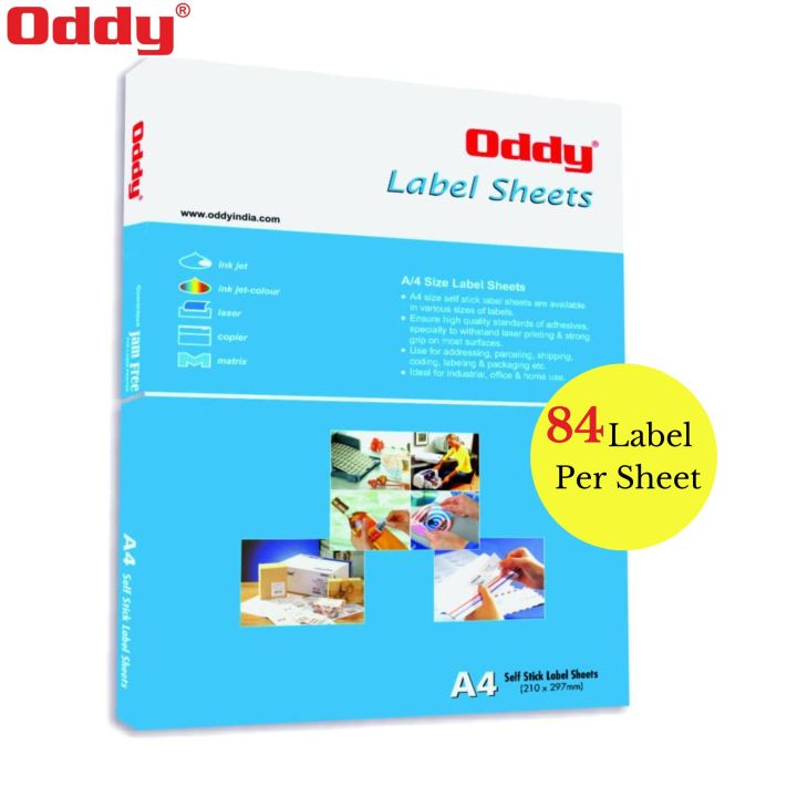 Oddy A4 Self Adhesive Paper Label Stickers for Laser & Inkjet Printers - 84 Labels per Sheet - Pack of 100 Sheets, for Shipping, Address, Folders, Industrial use