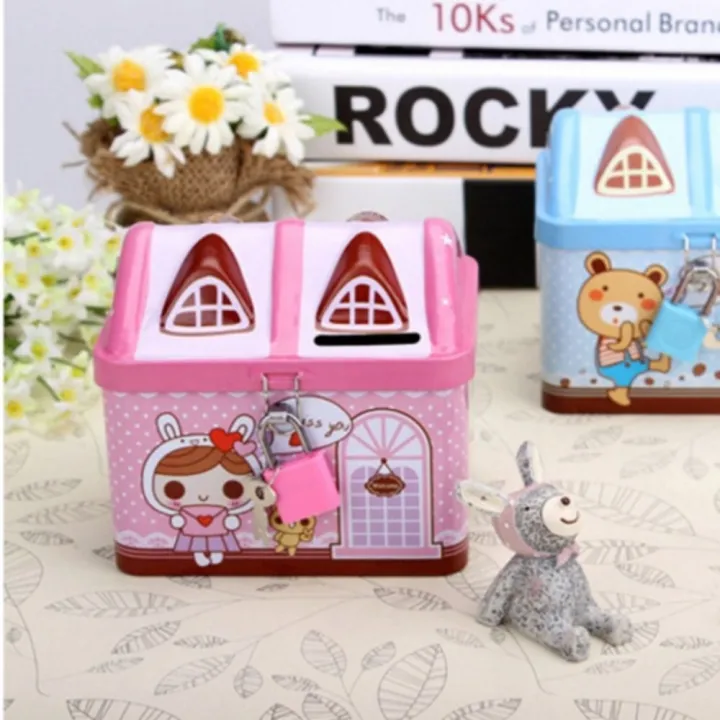 Currency Box Metal House Shape with Key Lock Creative House Coin Box ...