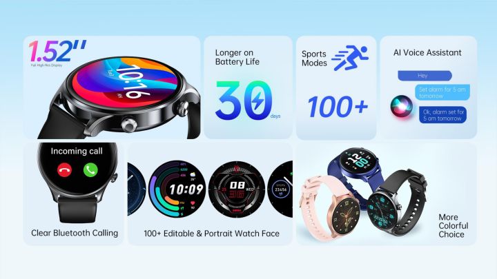 RIVERSONG Motive 7C Calling Smart Watch, 1.52 Inch Display, AI Voice Assistant, 100+ Sports Modes, 24h Health Management, IP68 waterproof, Black, Blue Color