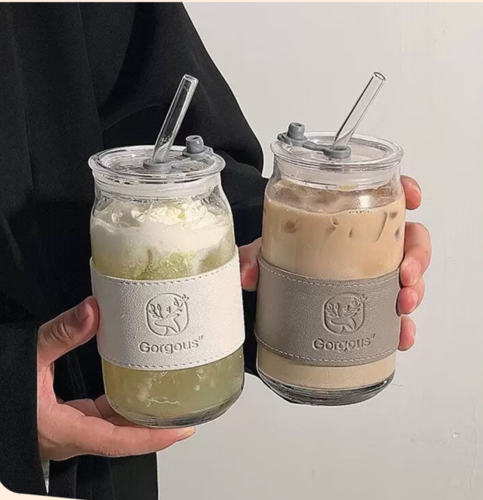 Pebbles Nepal Iced Coffee Cups with Lids and Straws | 400ml | Thick Wall Glass Tumbler with Insulated Leather Sleeve,Cute Juice Mugs,Travel Sipper for Cocktail, Mocktail