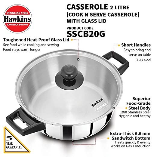 Hawkins Stainless Steel Casserole Cook And Serve With Toughened Glass Lid 2 Litre