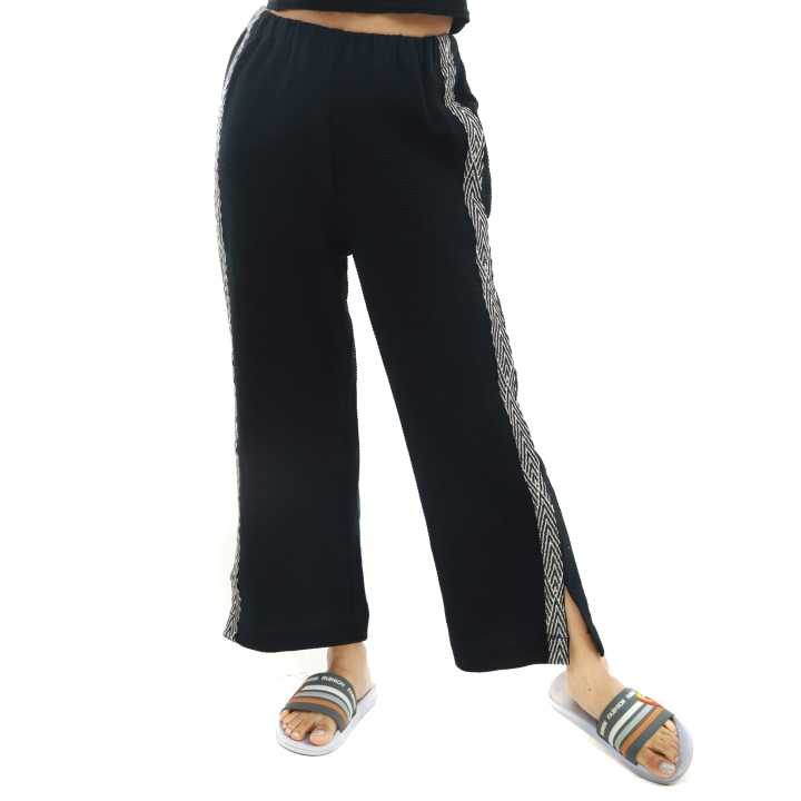 Black Cotton Side White Border Design Pant For Women