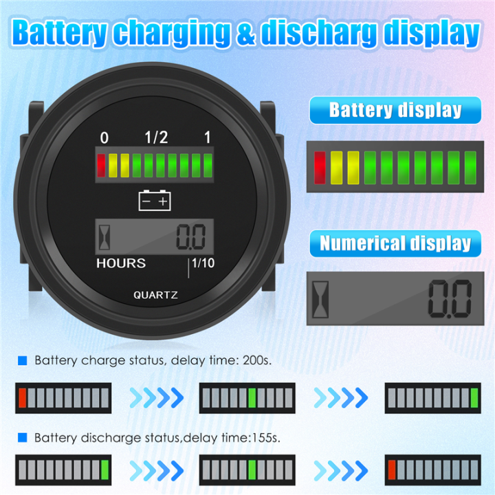 12V/24V/36V/48V/72V%20LED%20Digital%20Battery%20Status%20Charge%20Indicator%20with%20Hour%20Meter%20Gauge%20Black%20-%20Image%202
