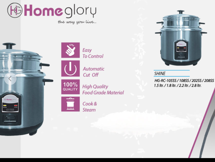 Home Glory 1.8 L rice cooker stainless steel with automatic cut off ...