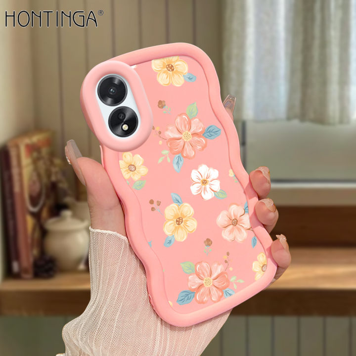 Hontinga for OPPO A18 A38 Back Cover Beautiful Flowers Pattern Luxury Soft Silicone Macaron Wave Mobile Case