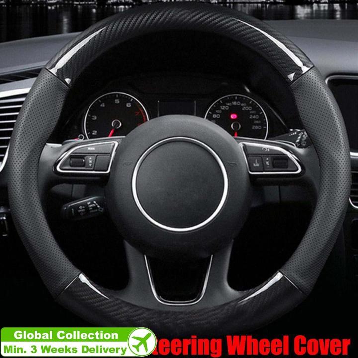Black Carbon Fiber Leather Stitching Steering Wheel Cover Anti-Slip 38cm 15"