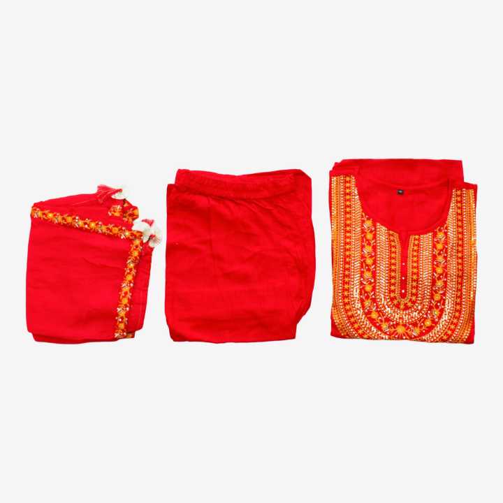 Golden Color Flower Printed Red Color Kurta swaral And Shawl Set For Women
