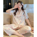 New summer ice silk sweet peach lace pajamas women's summer short sleeve trousers can be worn over the loungewear set. 