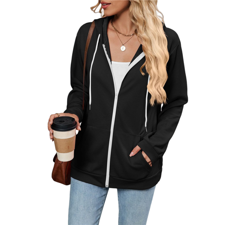 Women Casual Full Zip Up Hoodie Comfy Loose Long Sleeve Sweatshirt Solid Color Jacket with Pockets