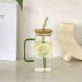 Delph Square Airtight Glass Bottle Bamboo Lid and Glass Straw | 350ml | Beer Can Glasses Tumbler for Fruit Juice Milk Soda Iced Tea Coffee Hot & Cold Mug. 