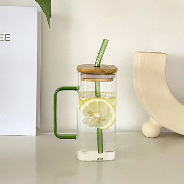 Delph Square Airtight Glass Bottle Bamboo Lid and Glass Straw | 350ml | Beer Can Glasses Tumbler for Fruit Juice Milk Soda Iced Tea Coffee Hot & Cold Mug
