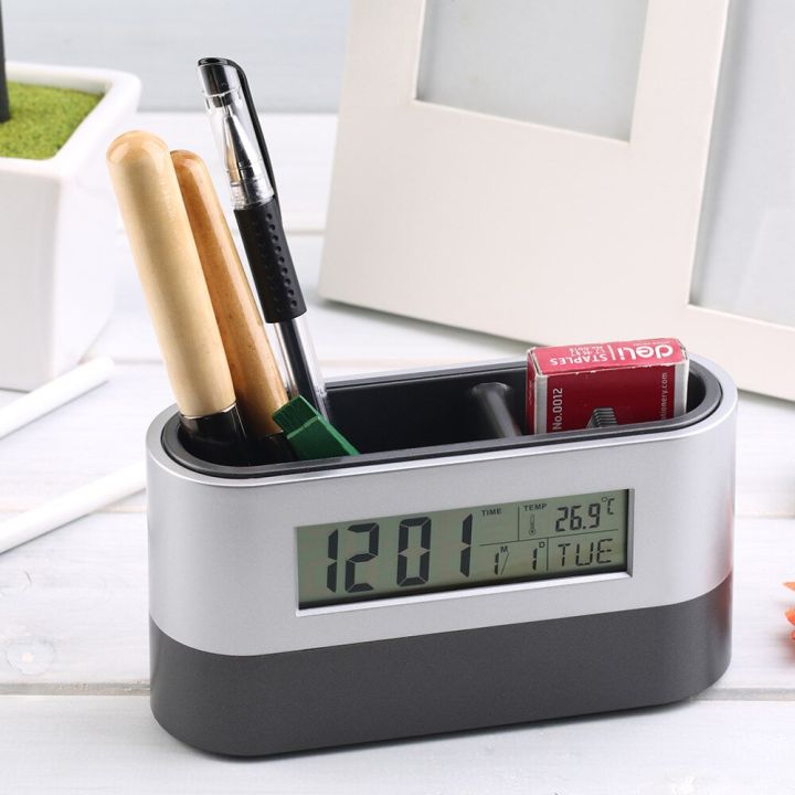 2 In 1 Multifunctional Digital Snooze Alarm Clock Pen Holder Calendar Temperature Display Home Office With Holder Functions