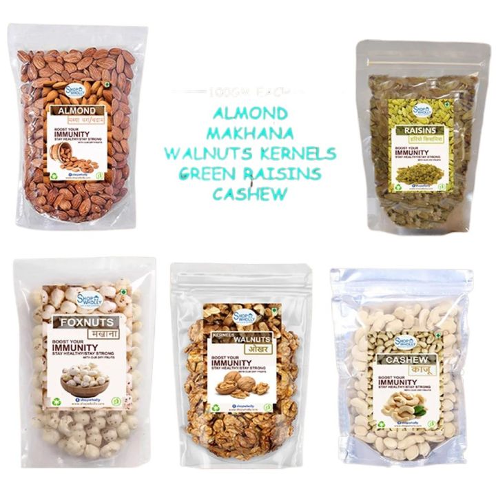 SHOP%20WHOLLY%20Combo%20Pack%20of%20Almond,%20Cashew,%20Green%20Raisains,%20Walnuts%20Kernels&%20Makhana%20100gm%20Each%20-%20Image%202