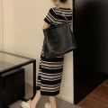 Sweet Square Neck Stripe Long Dress Slim Fit Beachwear Short Sleeve Dresses Simple Spicy Girl Stripe Knitted Dress Summer. 