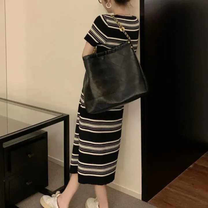 Sweet%20Square%20Neck%20Stripe%20Long%20Dress%20Slim%20Fit%20Beachwear%20Short%20Sleeve%20Dresses%20Simple%20Spicy%20Girl%20Stripe%20Knitted%20Dress%20Summer%20-%20Image%203