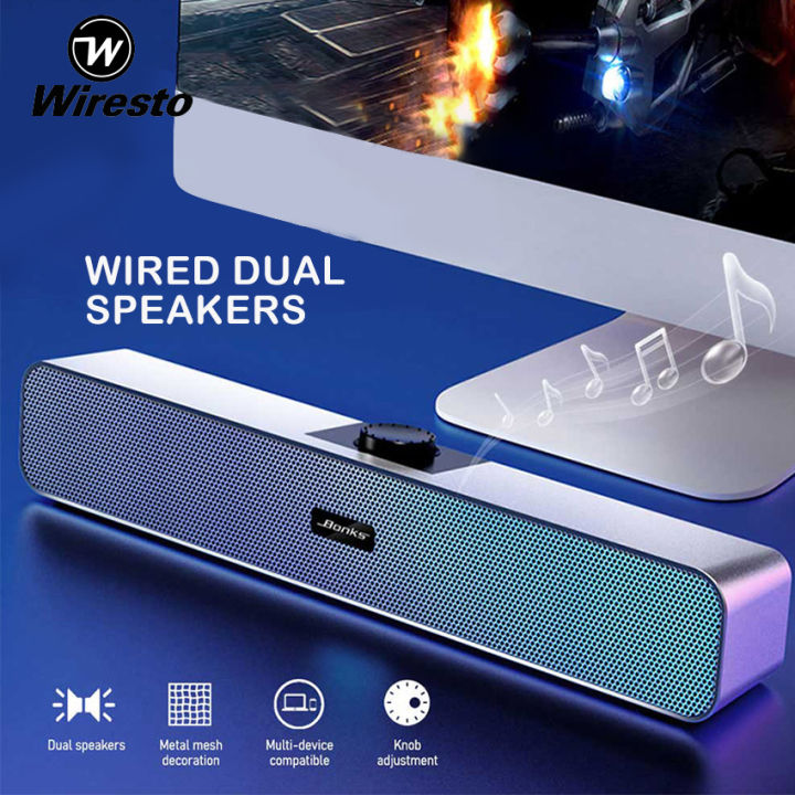 Wiresto Mini Audio Soundbar Speaker Gaming Wired Soundbars Bluetooth Wireless Speakers USB Connection Portable Sub woofer Multimedia for PC TV Bar Support AUX USB TF Card