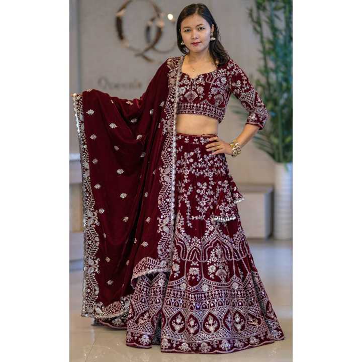 Bridal Lehenga Choli - Velvet Silver Thread And Siquence Embroidery Design -For Women