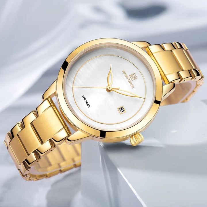 NAVIFORCE Top Brand Luxury Golden Fashion Business Casual Premium Pretty Waterproof Warranty Wristwatch Watch For Women