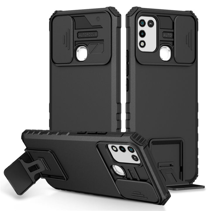 Vantime for Infinix Hot 10 Play Case Slide Camera Cover Kickstand Hard Shockproof Armor Casing