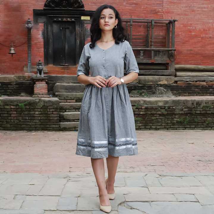 Creative Touch Grey Embroidered Flared A Line Cotton Dress For Women WDR5441