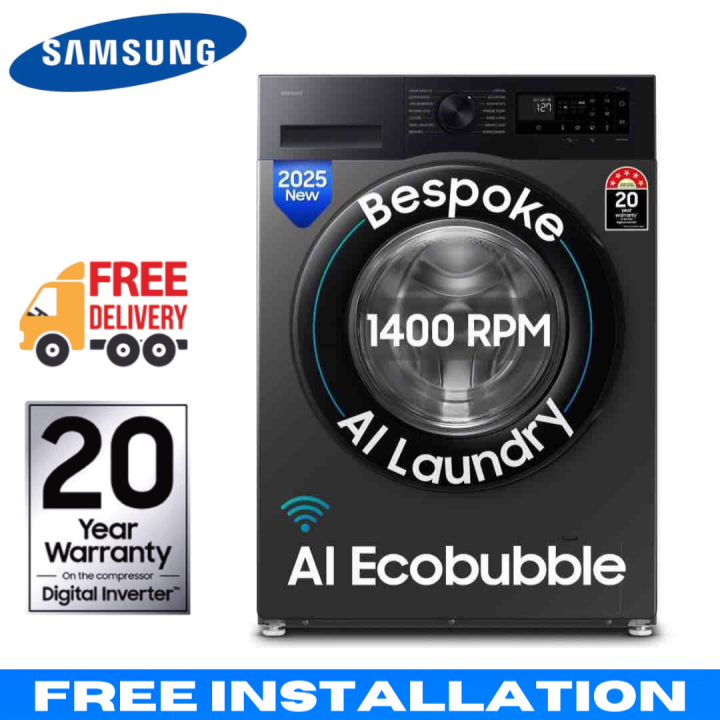 Samsung 9Kg Front Load Fully Automatic Washing Machine - WW90DG5U24AXIM With Digital Inverter, AI, Ecobubble, Hygiene Steam, Super Speed, SmartThings, WiFi, 1400RPM