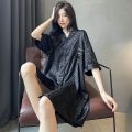 Summer thin ice silk pajamas women's high-end Internet celebrity one-piece shirt dress pregnant women can wear mid-length short-sleeved nightdresses. 
