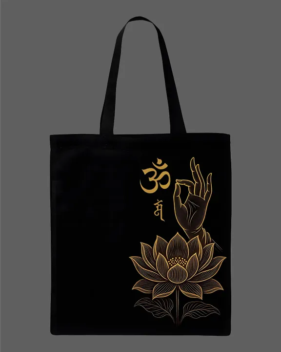 Golden%20Om%20Lotus%20Buddha%20Hand%20Printed%20Tote%20Bag%E2%80%93%20Black%20&%20White%20-%20Image%203