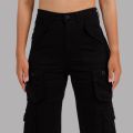 Nepster Black High Rise Premium Straight Cotton Cargo Box Pants For Women. 