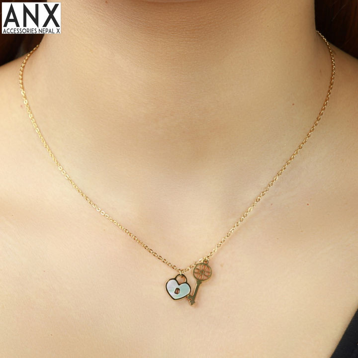 ANX New Trendy Gold Plated Layered  Pendant Necklace Lock and Heart Chain Necklace for Women