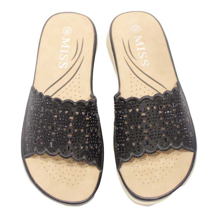 Black Miss Netted Design Slippers For Women