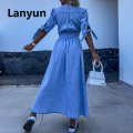 Lanyun Spring Summer New Women's Clothing Solid Color Fashion Bargain price V-neck Long Single-Breasted Denim Dress. 