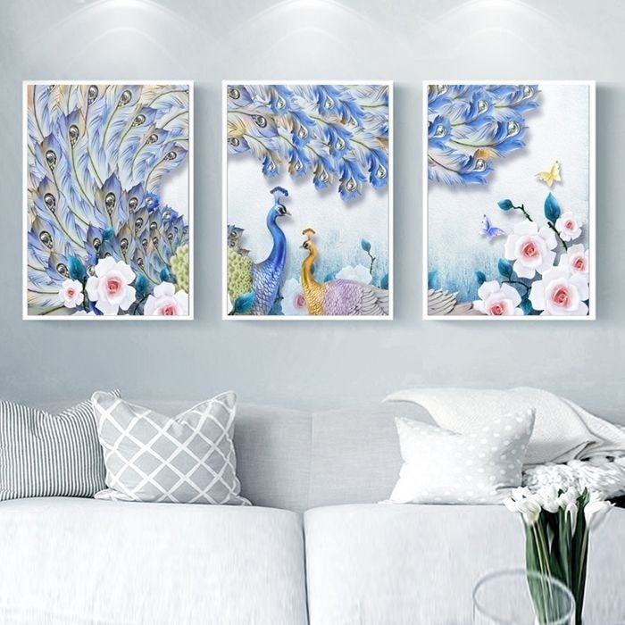 3 piece panel beautiful Peacock Hang canvas art on vinyiel Forex Print with Frame by OM CANVAS
