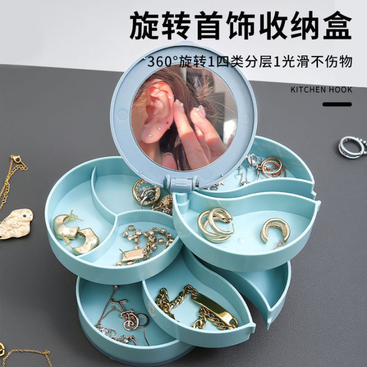 Rotating Earrings Jewelry Box Multi-Layer Earring Storage Box Small Delicate Earrings Necklace Ornament Rack with Mirror Dustproof Box