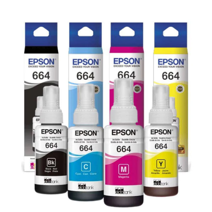 Epson 664 Genuine Ink Set | Set of 4 Colors : CMYK | For L100 / L200 / L300 / L400 / L500 / L600 Series, L1300, L1455 Printers | 100% Genuine