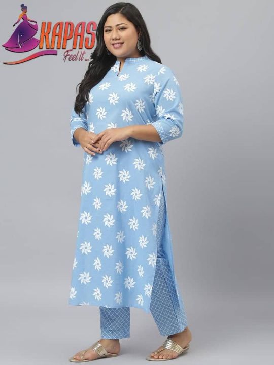 Plus Size Straight Kurta With Pants And Dupatta By Kapas