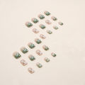 24Pcs Spring Lovely Short Green Flower Fake Nails with Glue DIY Art Design False Nails Wearable Nails Stylish Pattern Artificial Nails. 