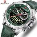 NaviForce NF9208 Men's Dual Display LCD Leather Strap Complete Calendar Wristwatch -Silver/Green. 