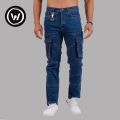 Wraon Dark Blue Stretchable Premium Fancy Denim Cargo Box Pant For Men - Fashion | Pants For Men | Men's Wear | Cargo Pants |. 