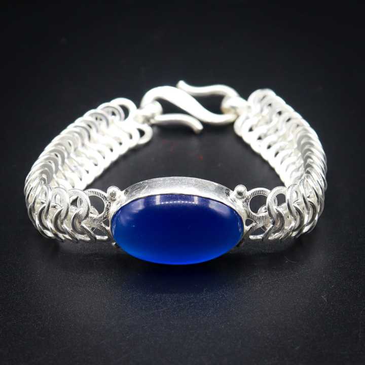 Pure Silver Bracelet With Blue Stone For Men