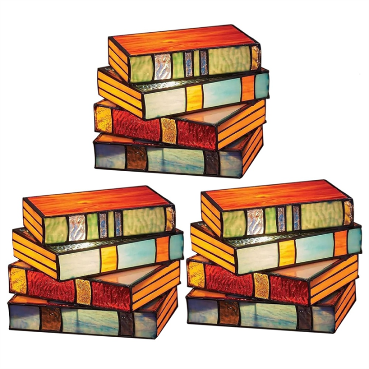 3PCS Stained Glass Stacked Books Lamp Vintage Handcrafted Glass Nightstand Desk Book Lamps Multicolor