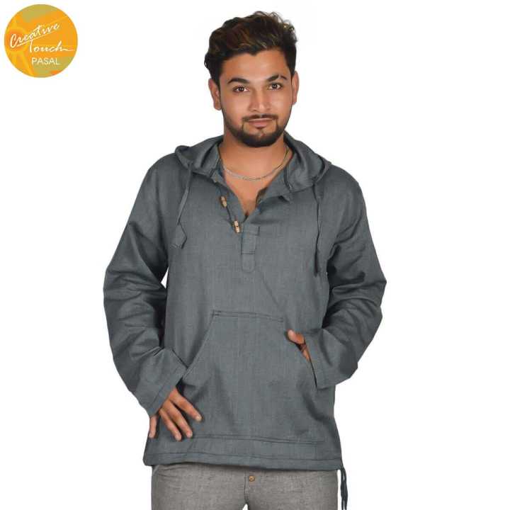 Creative Touch Dark Grey Hooded Kurta Shirt For Men