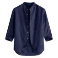 2022 New Striped Youth Stand Collar Linen Seven-point Sleeve Men's Shirt Small Fresh Style. 