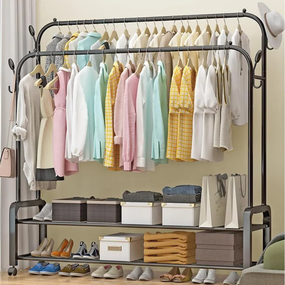 Double Layer Freestanding Double Pole Metal Clothes Hanger Coat